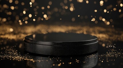 Elegant black pedestal with golden bokeh background for showcasing products, awards, jewelry, or branding elements in luxurious settings