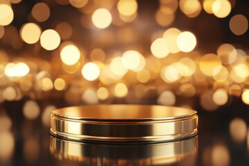 Elegant golden ring on a reflective surface with a shimmering bokeh background to create a luxurious and festive atmosphere for jewelry display or marketing