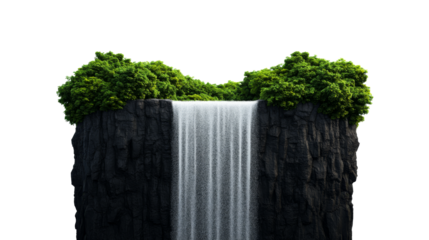 Waterfall cascading from rocky cliff with lush vegetation, cut out transparent