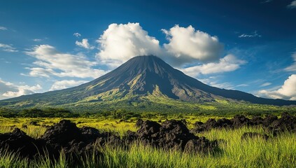 Fototapeta premium Majestic Volcano Rises Above Lush Green Landscape Under a Blue Sky with Puffy Clouds