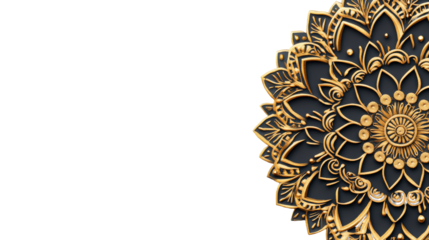 Gold embossed mandala pattern design on black background, cut out transparent