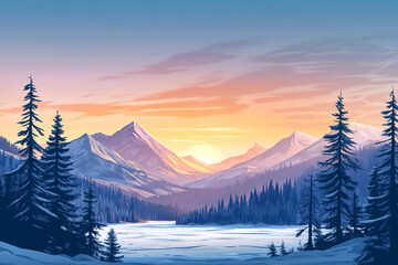 Snow-capped mountains, a frozen lake in the middle, pine trees on both sides of the river