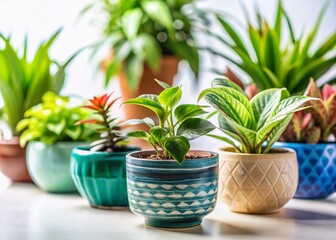 Obraz premium Tilt-Shift Photography: Indoor Plants in Decorative Pots on White Background