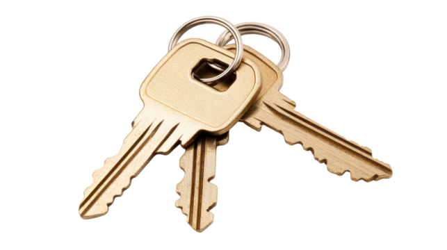 Bunch of new keys on a key ring, metallic keys, security, cut out transparent