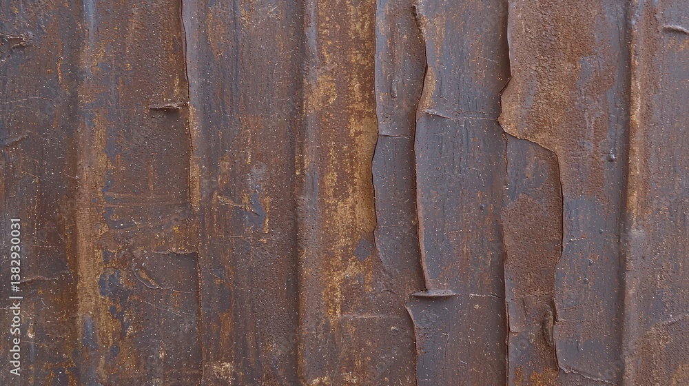 Poster close-up view of rusty metal texture with vertical corrugated panels and flaking paint details visib