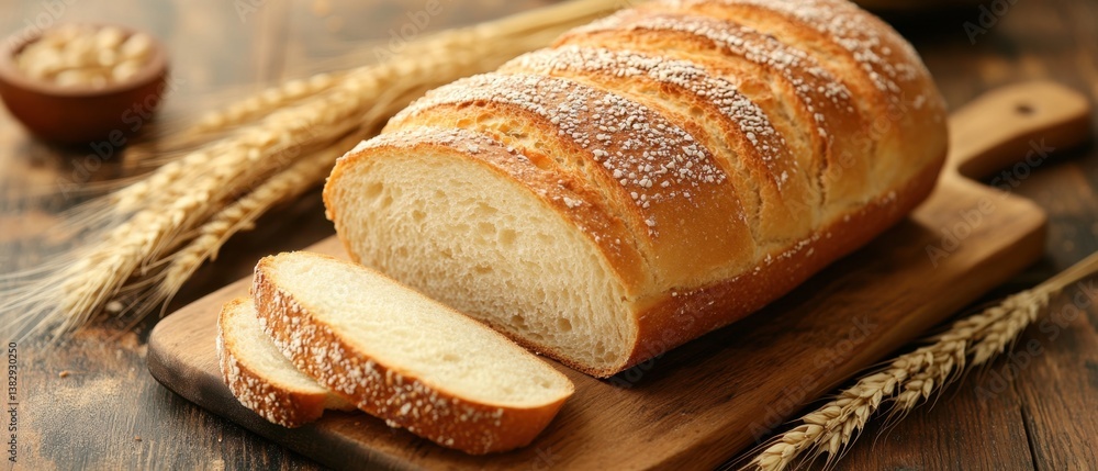 Poster rustic loaf of sliced bread on a wooden board with wheat stalks creating a warm and inviting atmosph