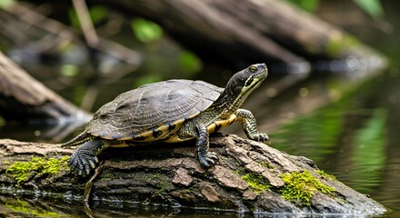 Fototapeta premium A Northern River Terrapin Basking on a Partially Submerged Log in a Slow-Moving River_
