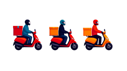 Delivery guys on scooters with boxes, cartoon style, cut out transparent
