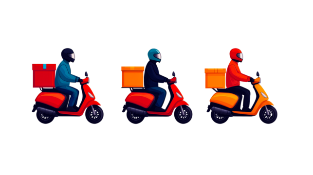 Delivery guys on scooters with boxes, cartoon style, cut out transparent - Powered by Adobe