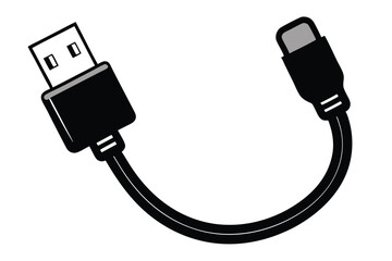 USB cable silhouette, charging cord vector, black and white icon