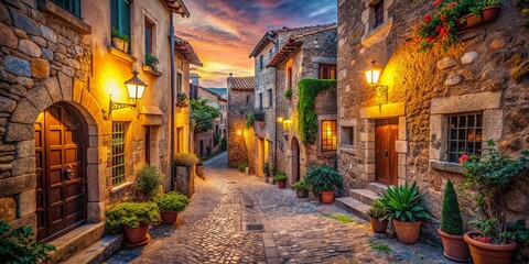 Fototapeta premium Tossa de Mar, Spain: Charming Old Houses at Dusk - Low Light Photography