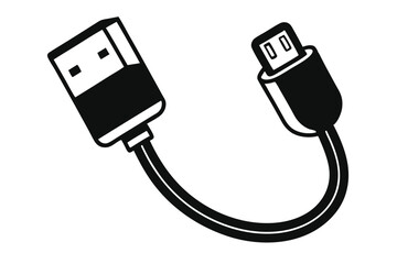 USB cable silhouette, charging cord vector, black and white icon