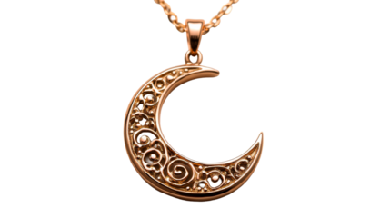 Crescent moon gold pendant necklace close up on black, cut out transparent