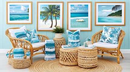 Coastal themed interior design showcasing decorative furniture and artwork