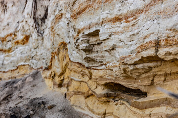 A Close-Up View of Multi-Colored Sandstone Layers Exposed on a Cliffside, Showcasing Natural Erosion Patterns and Geological Strata