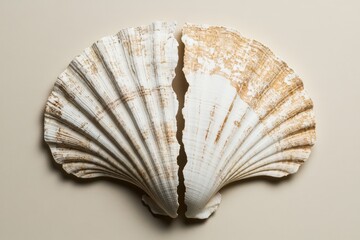A large broken seashell is depicted on a neutral background