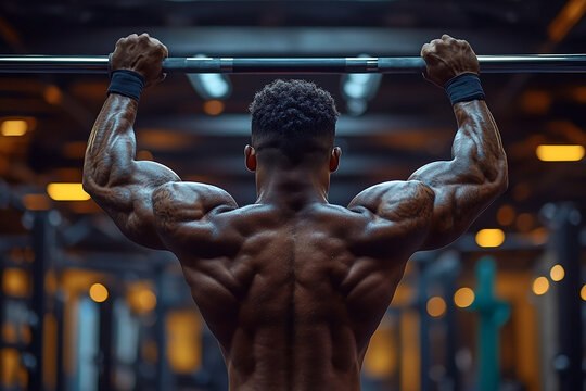 Muscular man doing dips on parallel bars with intense focus, set in a gym environment, captured in ultra realistic detail, highlighting strength and determination.

