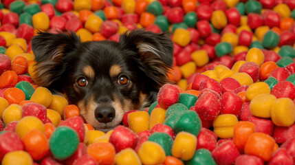 Adorable Dog Peeking Out from Colorful Candy Background