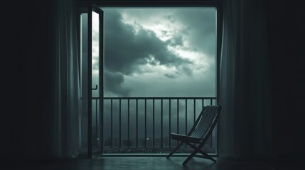 Interior room, stormy view, balcony, chair, dark mood, possible use for stock photography for articles about weather, interior design, or relaxation