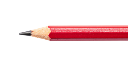 Sharpened red pencil writing instrument point close up, cut out transparent