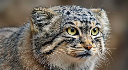 Fototapeta premium A Pallas's Cat's Face, Focusing on Its Distinctive Facial Markings, Its Wide-Set Ears, and Its Expressive Eyes_