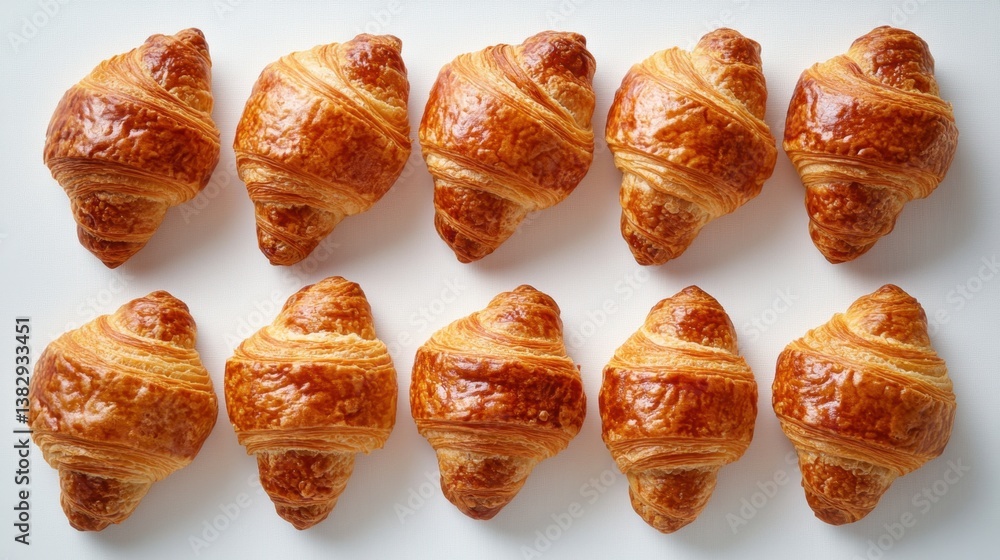 Poster golden croissants arranged in rows on a white surface creating a visually appealing pattern perfect 