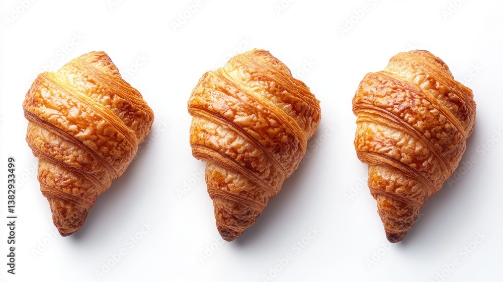 Poster three golden brown croissants arranged in a row on a clean white background creating a simple food s