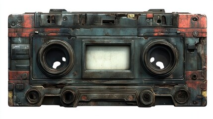 Fototapeta premium Rusty cassette tape, isolated, weathered, retro, media, nostalgic, technology, blank, background, vintage, design