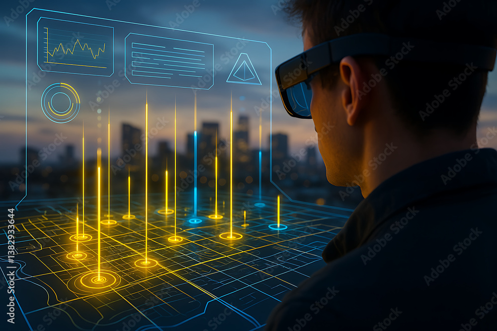 Poster man using augmented reality smart glasses to explore digital city map interface with glowing data po