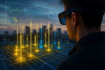man using augmented reality smart glasses to explore digital city map interface with glowing data points futuristic urban navigation and location tracking in smart city environment