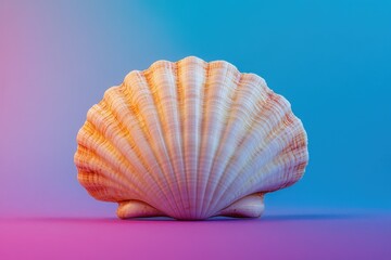 A close up image showing a seashell on a colored background