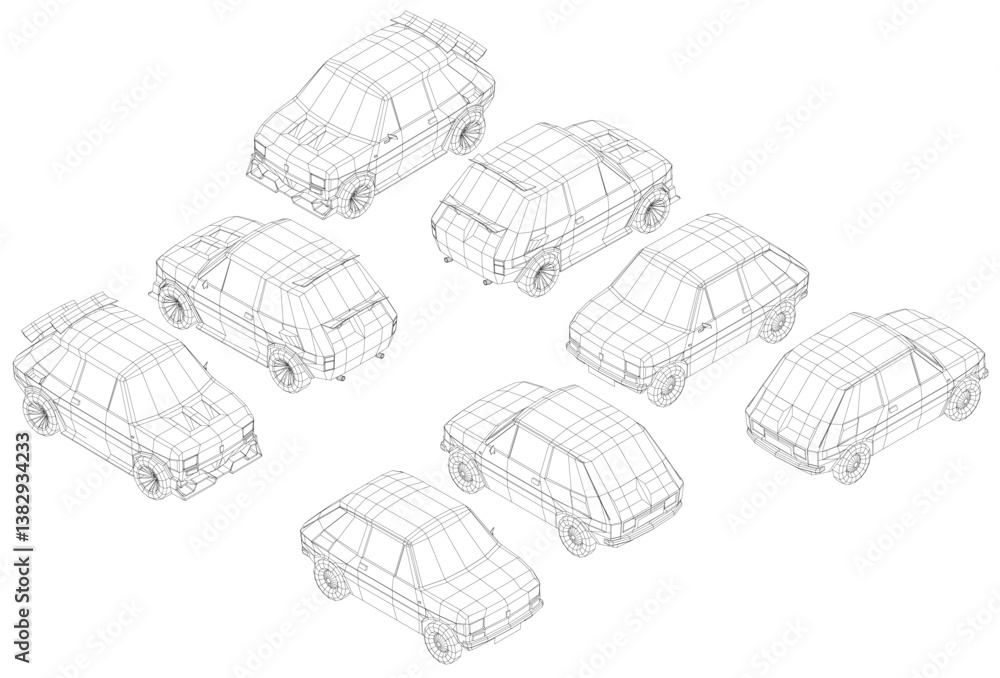 Poster a series of cars are drawn in black and white. the cars are all different shapes and sizes, and they