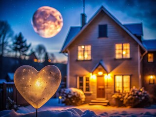 Fototapeta premium Valentine's Day Moon: Heart-Shaped Lunar Glow Over Romantic House