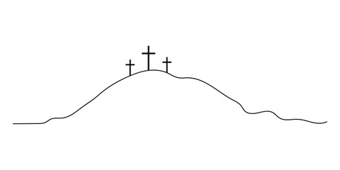 Three Calvary Crosses on the hill. Christianity religion concept. Continuous line drawing.