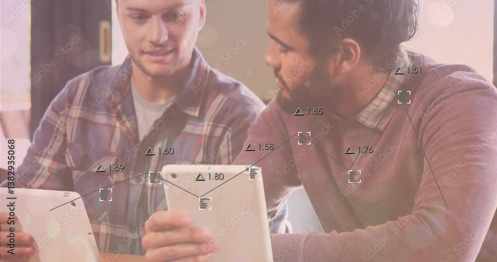 Poster discussing data on tablet, two men analyzing numerical animation in office