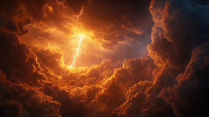 dramatic scene featuring dark clouds illuminated by bright lightning, creating striking contrast. atmosphere is charged with energy, evoking sense of awe and intensity
