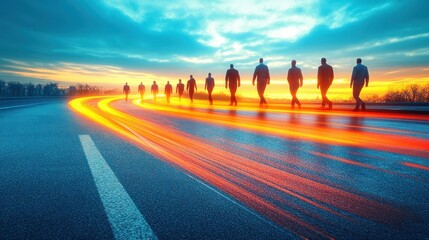 Silhouetted figures walk highway sunset, light trails