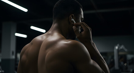Muscular back; dark gym; adjusting wireless earbud; preparation.