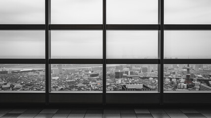 Cityscape Through Windows: A monochrome perspective of an urban landscape framed by a grid of windows, capturing the architectural design and panoramic view of the city.