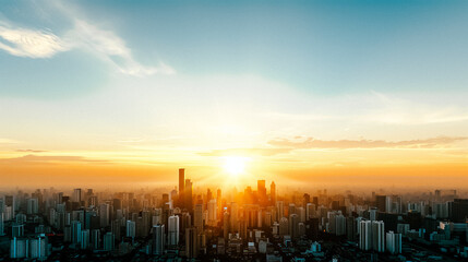 Fototapeta premium City Skyline at Sunset: A breathtaking aerial view of a sprawling city skyline bathed in the warm, golden hues of a vibrant sunset, capturing the bustling energy and architectural beauty.