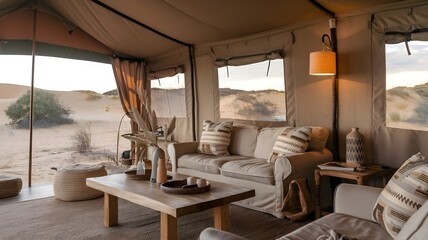 A cozy living room inside a desert nomad tent with a rug, sofa, and warm lighting.