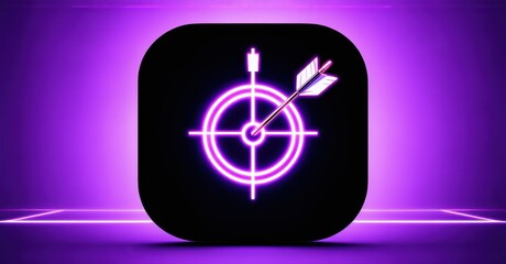 Futuristic black and neon purple archery accuracy tracker app icon with target and arrow spread realistic detailed glossy style round square shape modern app icon bold vibrant c
