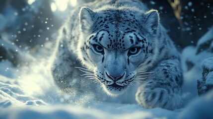 Snow leopard stalking, winter forest, snow flurry, wildlife poster