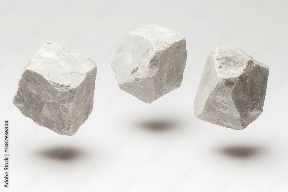 Poster three floating marble stones casting shadows on a white background in a studio setting with soft lig