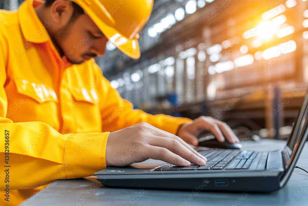 Poster worker monitors operations on a computer in a bright industrial setting during the day