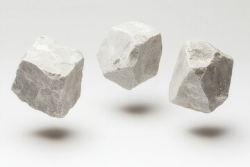 Three floating marble stones casting shadows on a white background in a studio setting with soft lighting and a minimalist style