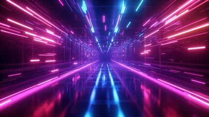 3d abstract technology glowing neon fast speed light background, empty space scene, reflection floor, virtual reality, cyber space futuristic sci-fi background, motion line high.