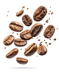 Fototapeta premium Captivating close up of roasted coffee beans in dynamic mid air shot on white background for stock photography