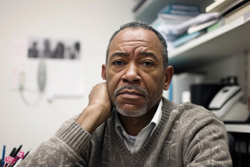 A middle-aged Black man sits quietly in his office, showing signs of depression while deep in thought surrounded by office materials