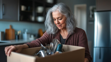 A determined senior woman with silver hair packs a collection of kitchen gadgets into a moving box, making room for a simpler lifestyle